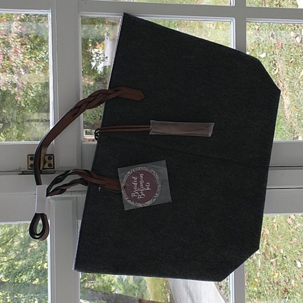 NWT Arcadia Beauty Labs Braided Bohemian Tote Charcoal Gray w Leather Straps